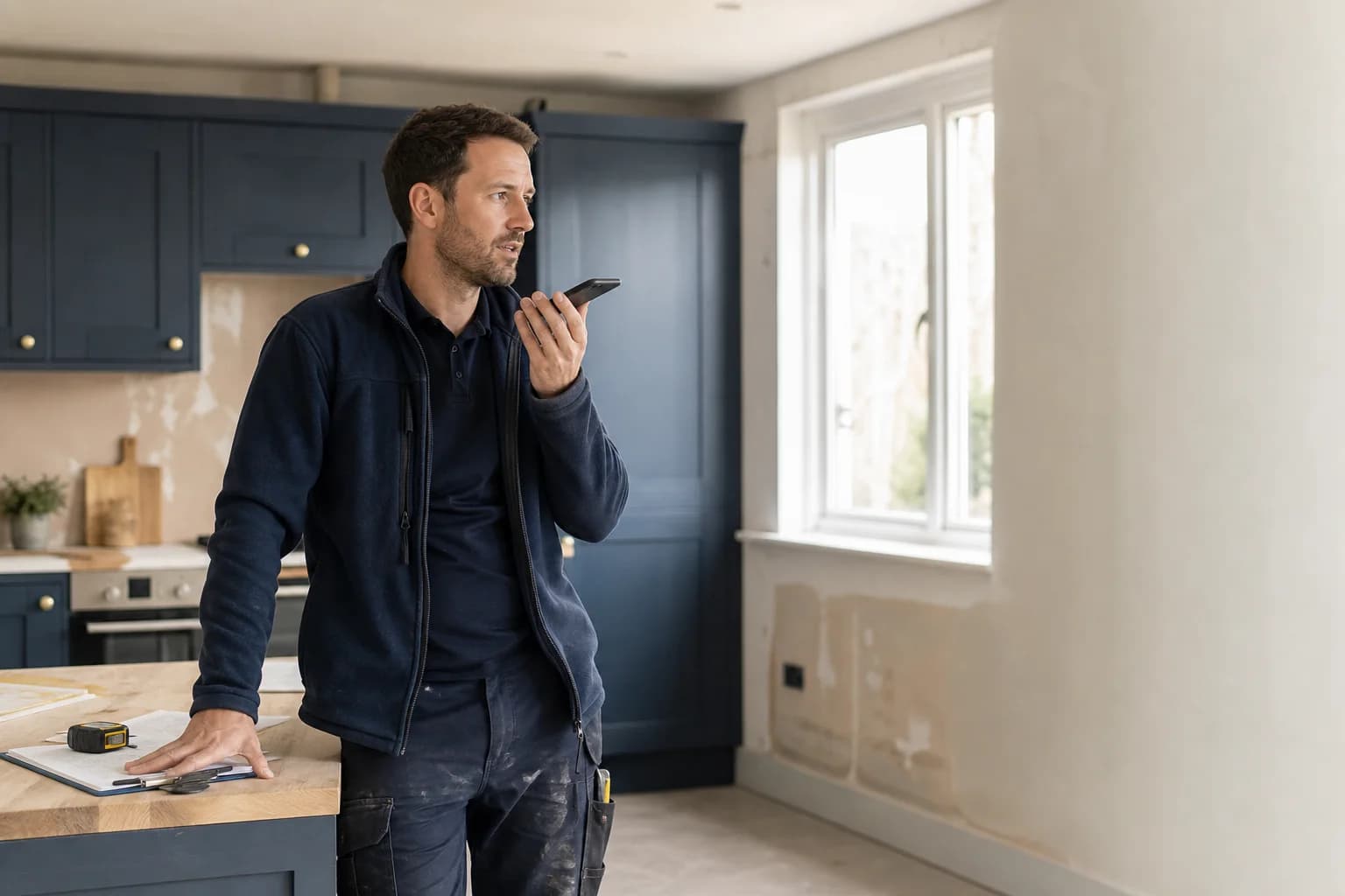 A tradesperson recording job details by voice during a site visit