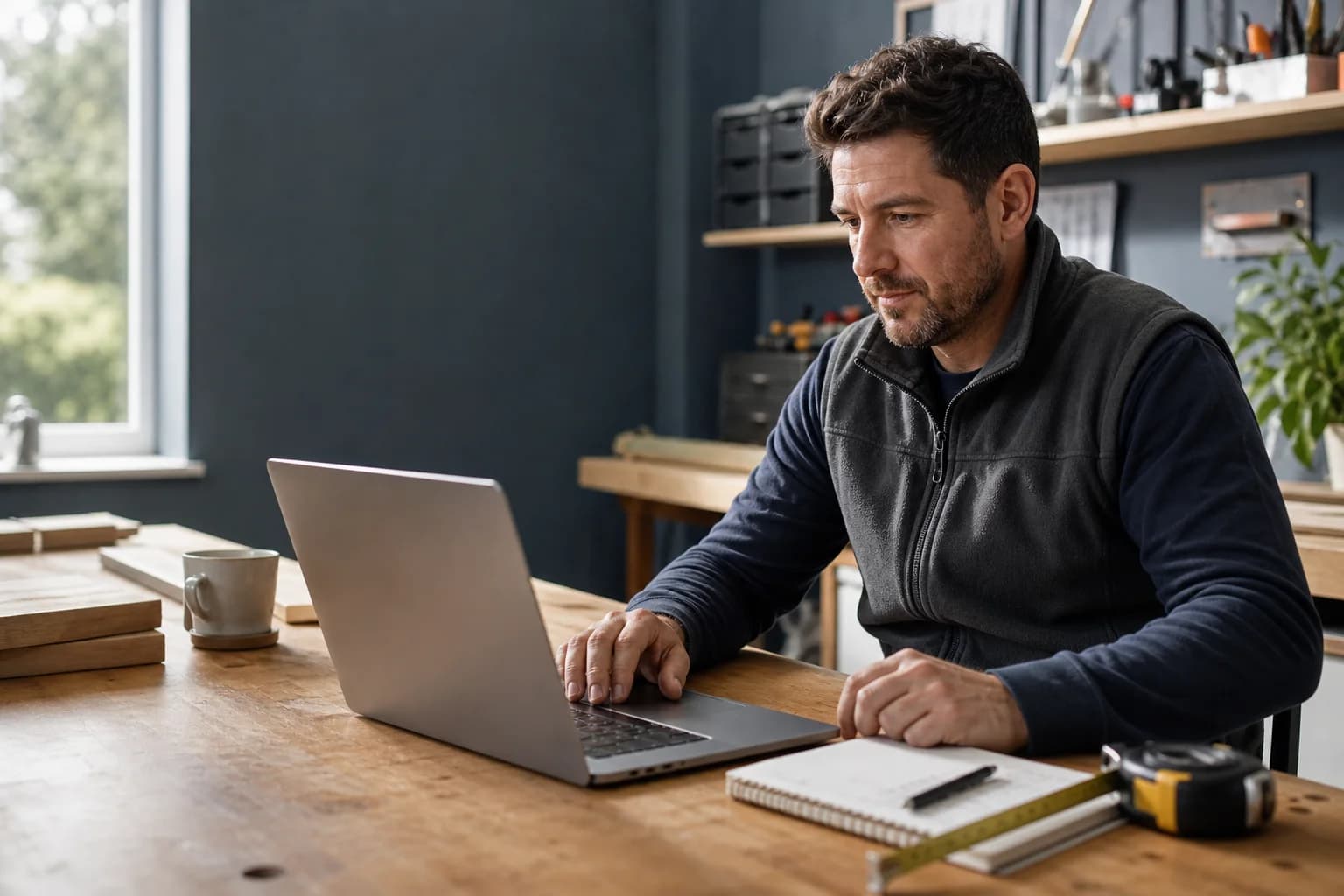 A small-business owner reviewing job paperwork on a laptop